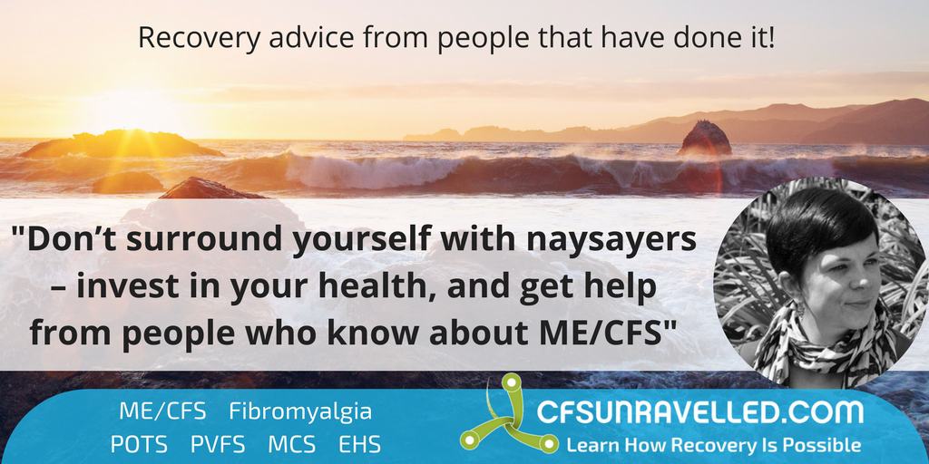 Rachel quote about naysayers and ME/CFS recovery with surf in background at sunset