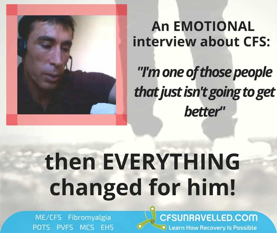 Emotional picture in ME/CFS Recovery interview with lower legs in background