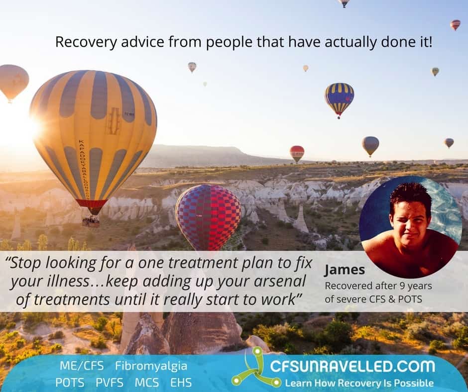 James ME/CFS POTS quote with background of hot air balloons at sunrise