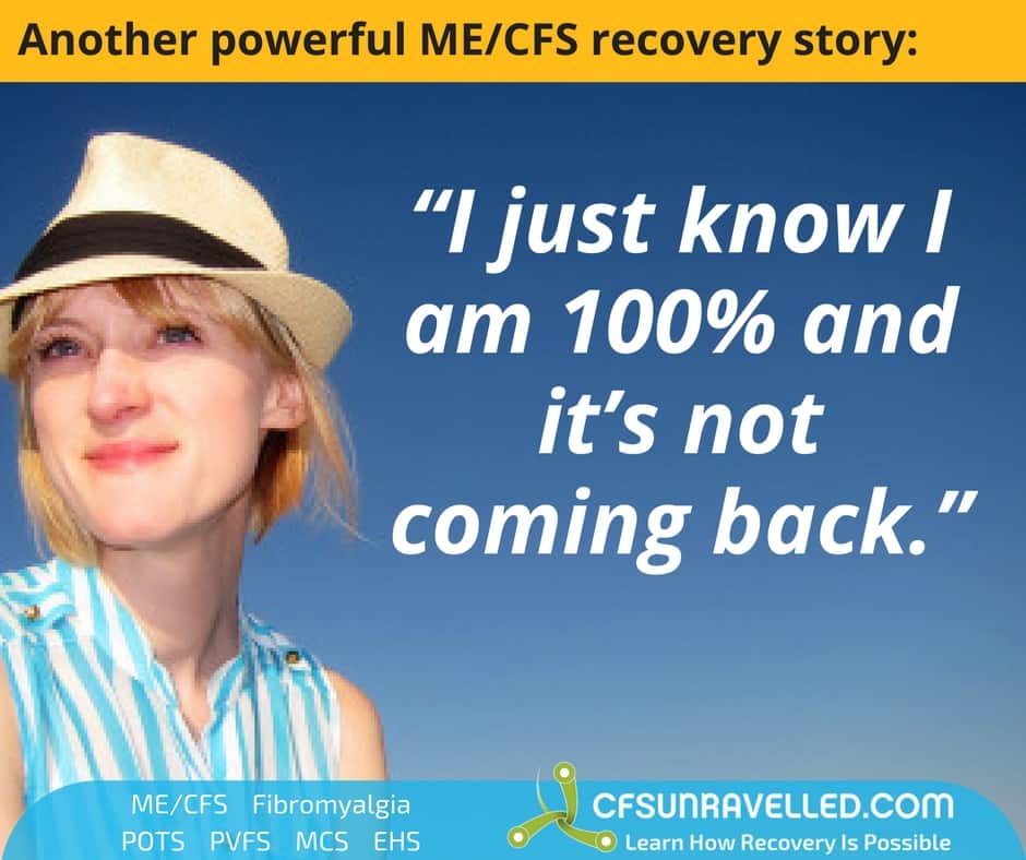 picture of Katie with quote of confidence that cfs relapse won't happen again