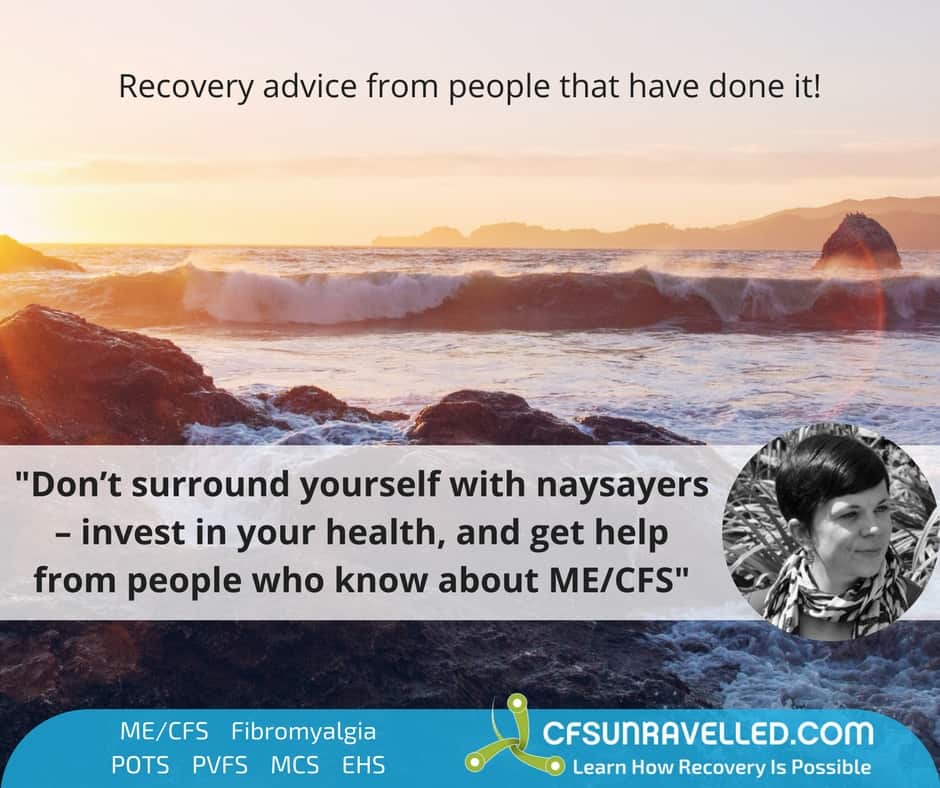 Rachel quote about naysayers and ME/CFS recovery with surf in background at sunset