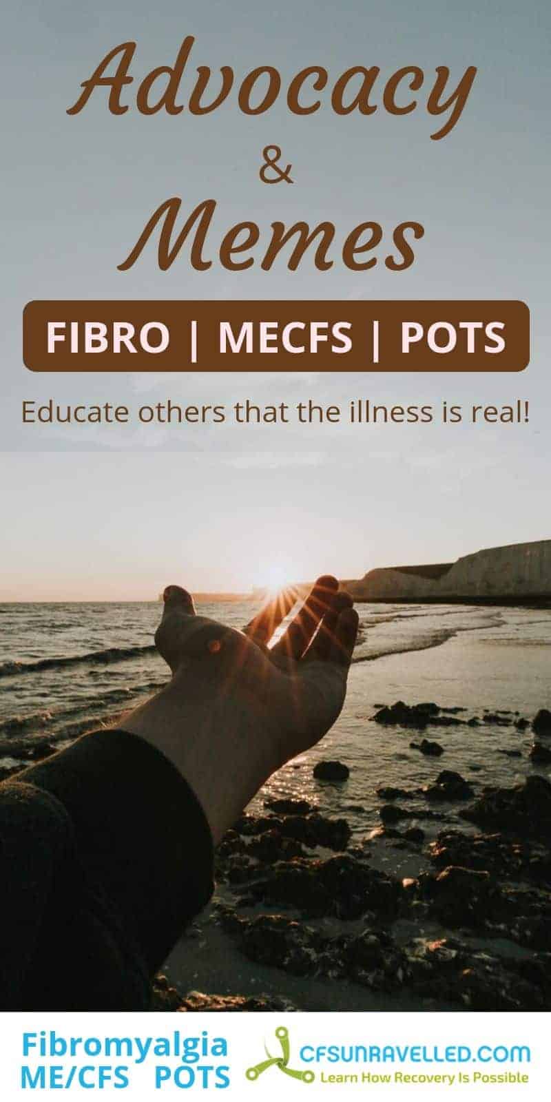 MECFS Fibromyalgia POTS advocacy heading with hand reaching out to sunset