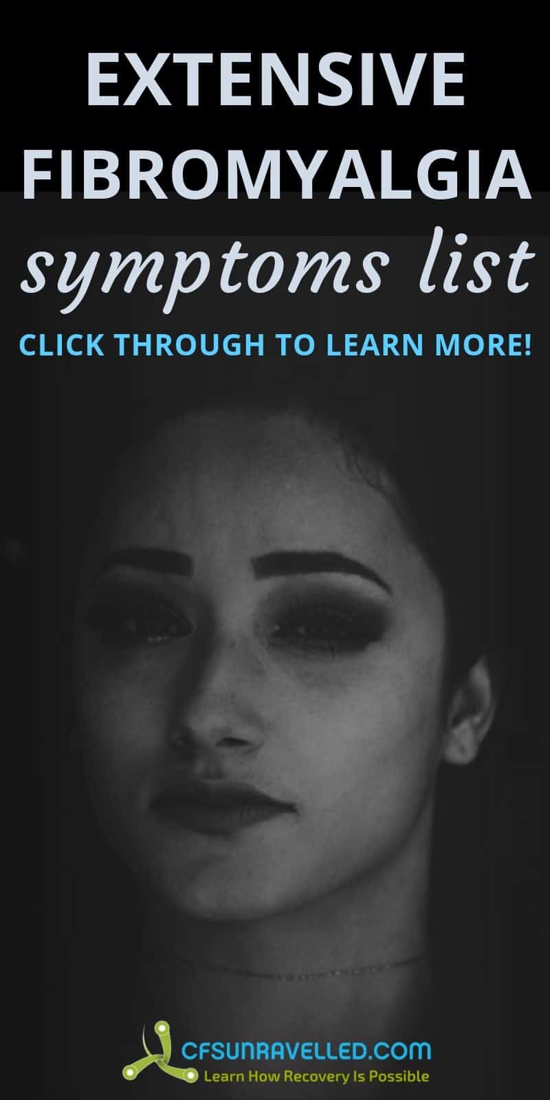 woman in dark with headline about extensive fibromyalgia symptoms list