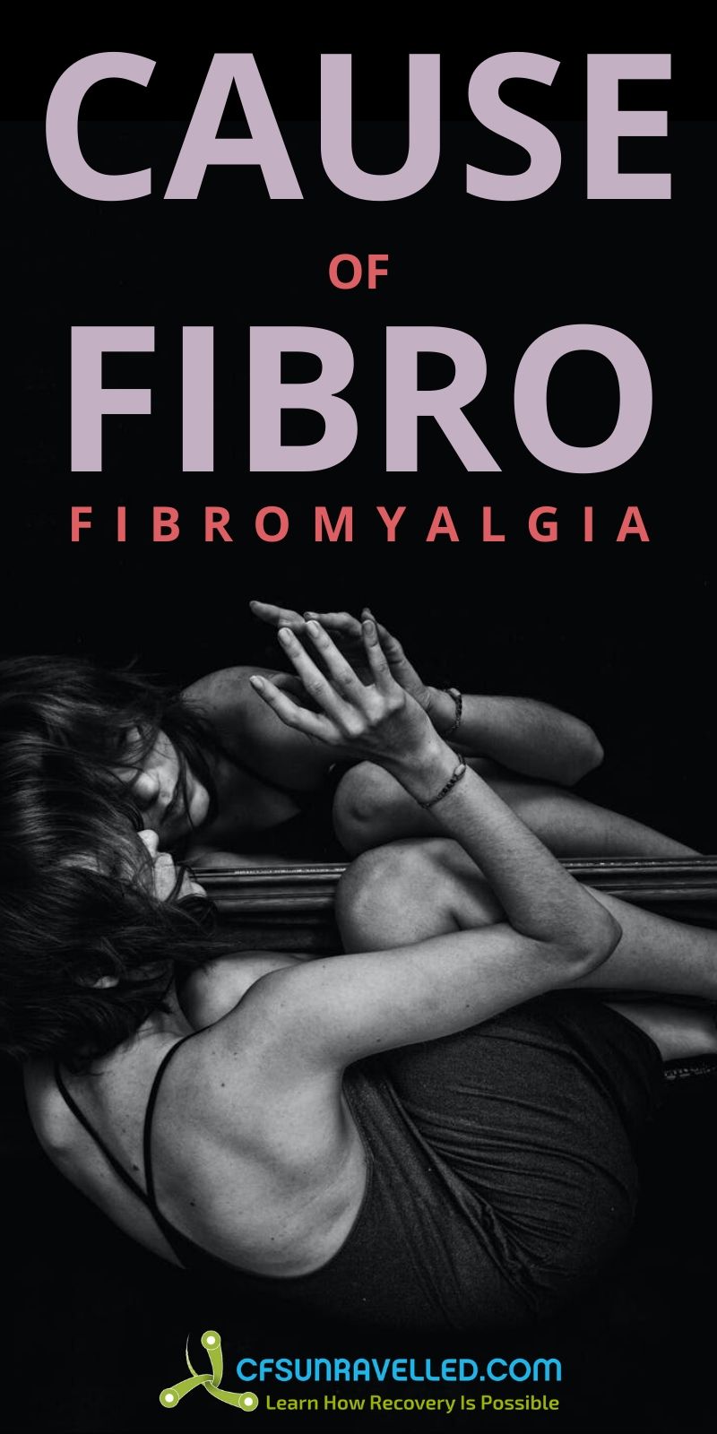 Woman with her own reflection with text on top about cause  of fibromyalgia